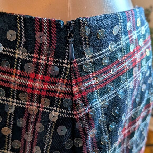 Vintage Y2K Express Sequin Plaid Mini Skirt Wool Dark Academia Clueless Size 7/8 - Picture 10 of 10